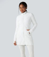 PuffFlex Stand Collar Double Zipper Thumb Holes Casual Padded Jacket with Pockets