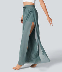High Waisted Drawstring Contrast Mesh 2-in-1 Pocket Flowy Wide Leg Yoga Pants