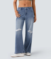 Halara Flex™ Mid Rise Ripped Washed Casual Baggy Jeans With Pockets