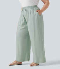 Plus Size High Waisted Drawstring Wide Leg Casual Linen-Blend Pants with Pockets
