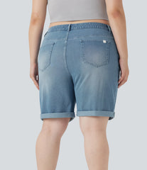 Halara Flex™ High Waisted Multiple Pockets Rolled Hem Washed Stretchy Knit Denim Casual Plus Size Bermuda Shorts