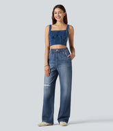High Waisted Denim Print French Terry Casual Sweatpants Jeans with Pockets