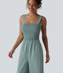 Square Neck Shirred Linen-Feel Jumpsuit-Easy Peezy Edition