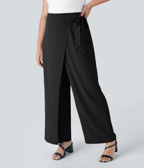 High Waisted Tie Side Wide Leg Work Plus Size Pants