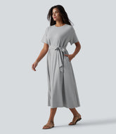 Round Neck Short Sleeve Belted Midi Flowy Casual T-Shirt Dress with Pockets