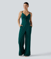 Wrap Split Hem Built-in Bra Casual Slip Baggy Jumpsuit with Pockets-Easy Peezy