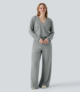 V-neck Long Sleeve Drawstring Casual Jumpsuit with Pockets-Easy Peezy