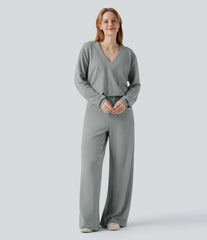 V-neck Long Sleeve Drawstring Casual Jumpsuit with Pockets-Easy Peezy