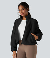 High Neck Long Sleeve Zipper Fleece Workout Jacket with Pockets