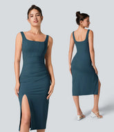 SoftlyZero™ Airy Square Neck Backless Corset Ruched Split Bodycon Midi InstantCool Bridesmaid and Wedding Guest Dress