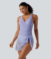 Crossover V Neck Ruched Asymmetric Tie Hem Contrast Mesh 2-in-1 Built-in Bra Tummy Control Swim Dress