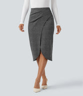 High Waisted 2-in-1 Tulip Hem Houndstooth Plaid Midi Work Skirt