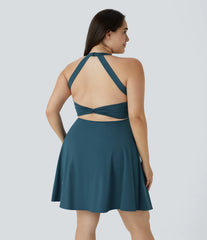 U Neck Cut Out 2-in-1 Pocket Mini Barre Ballet Dance Plus Size Dress-Longer Length