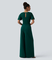 Round Neck Short Sleeve Tie Front Wide Leg Jumpsuit with Pockets-Easy Peezy Edition