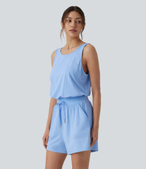 Round Neck Cut Out Drawstring InstantCool Yoga Romper with Pockets-UPF50+