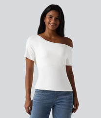 One Shoulder Short Sleeve Built-in Bra Tie Front Casual T-Shirt