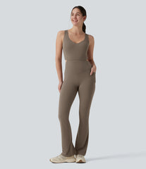 Halara UltraSculpt™ Crisscross Backless Tummy Control Butt Lifting Scrunch Non-Removable Pad Workout Flare Jumpsuit with Pockets-Easy Peezy