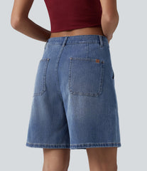 Halara Flex™ Mid Rise Washed Denim Casual Baggy Bermuda Shorts with Pockets