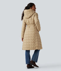 Hooded Belted Longline Casual Quilted Jacket with Pockets