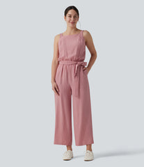 Square Neck Adjustable Straps Sleeveless Belted Stripes Casual Linen-Feel Jumpsuit with Pockets-Easy Peezy