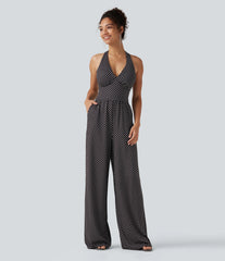 Halter Sleeveless Backless Built-in Bra Polka Dot Print Resort Jumpsuit with Pockets-Easy Peezy
