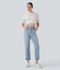 Halara Flex™ Mid Rise Straight Leg Washed Casual Jeans with Pockets