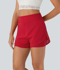 SoftlyZero™ Airy High Waisted 2-in-1 Pocket Contrast Lace InstantCool Yoga Shorts-UPF50+