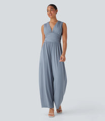 SoftlyZero™ Airy V Neck Sleeveless Ruched Pocket InstantCool Casual Jumpsuit-Easy Peezy