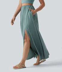 High Waisted Flowy Maxi Casual Skirt with Pockets
