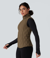 PuffFlex Packable High Neck Zipper Running Quilted Vest with Pockets