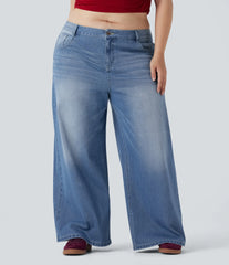 Plus Size Halara Flex™ Low Rise Wide Leg Washed Casual Jeans with Pockets