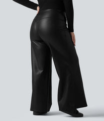 High Waisted Tummy Control Stretchy PU Fleece Casual Plus Size Flare Pants with Pockets