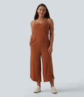 Wide Leg Casual Linen-Feel Slip Jumpsuit with Pockets