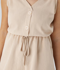 Decorative Drawstring Pocket Casual Linen-Feel Jumpsuit