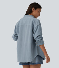 Halara Flex™ Long Sleeve Stripe Denim Casual Shirt with Pocket