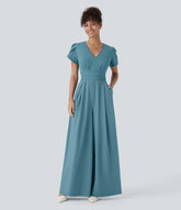 Breezeful™ V Neck Petal Sleeve Pocket Wide Leg Flowy Quick Dry Work Jumpsuit