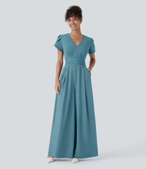 Breezeful™ V Neck Petal Sleeve Pocket Wide Leg Flowy Quick Dry Work Jumpsuit