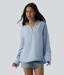 V Neck Long Sleeve Denim Casual Blouse