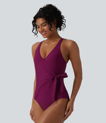 V Neck Tie Side Built-in Bra Tummy Control One Piece Swimsuit