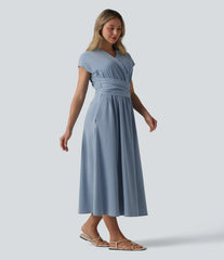 Halara Flex™ V Neck Short Sleeve Tie Back Denim Midi Casual Dress with Pockets