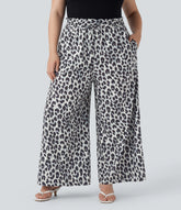 Plus Size High Waisted Drawstring Leopard Print Wide Leg Casual Pants with Pockets