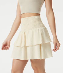 High Waisted Shirred Layered Mini Casual Linen-Feel Skirt