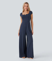SoftlyZero™ Airy Short Sleeve Wide Leg InstantCool Yoga Jumpsuit with Pockets-Easy Peezy Edition