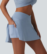 Crossover High Waisted 2-in-1 A-line Mini Eyelet Tennis Skirt with Pockets