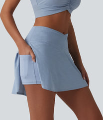 Crossover High Waisted 2-in-1 A-line Mini Eyelet Tennis Skirt with Pockets