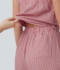 Square Neck Adjustable Straps Sleeveless Belted Stripes Casual Linen-Feel Jumpsuit with Pockets-Easy Peezy