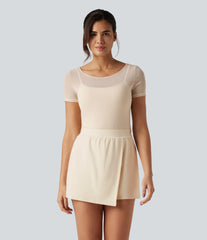 SoftlyZero™ Plush Boat Neck Built-in Bra Contrast Mesh Short Sleeve Party Romper with Pockets-Easy Peezy Edition