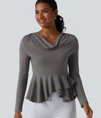 Cowl Neck Long Sleeve Ruffle Hem Work T-Shirt