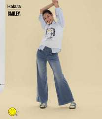 Halara X Smiley® Halara Flex™ High Waisted Baggy Wide Leg Washed Casual Jeans with Pockets