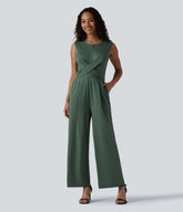 Round Neck Sleeveless Crossover Waist Work Straight-leg Jumpsuit with Pockets-Easy Peezy
